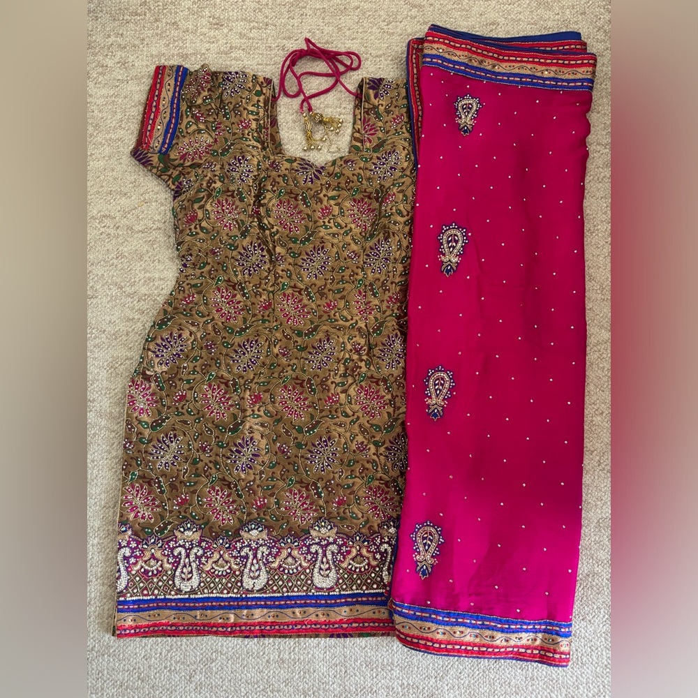 Indian Multicolor Salwaar Kameez with Pink Dupatta